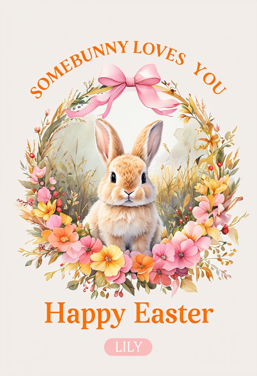 Cheerful Easter Bunny Greeting Card with Floral Wreath Design