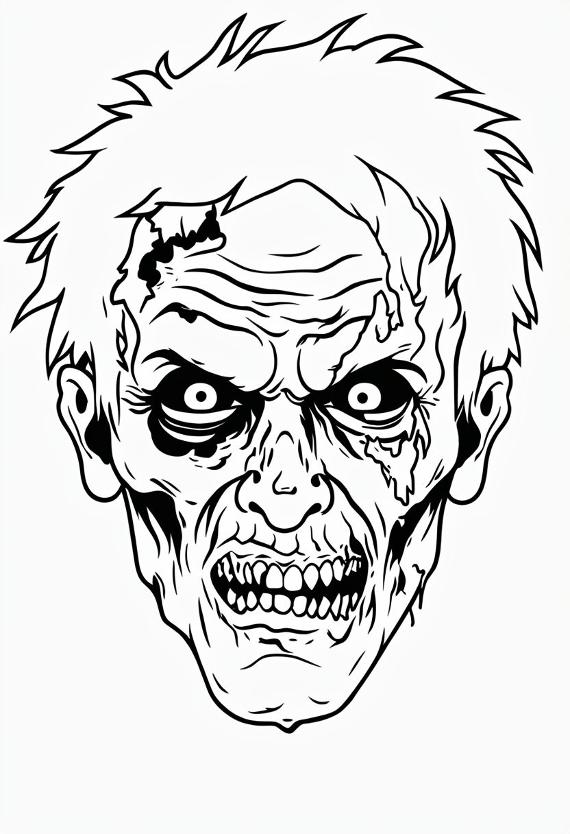 Creepy Black and White Zombie Head Line Drawing Coloring Page