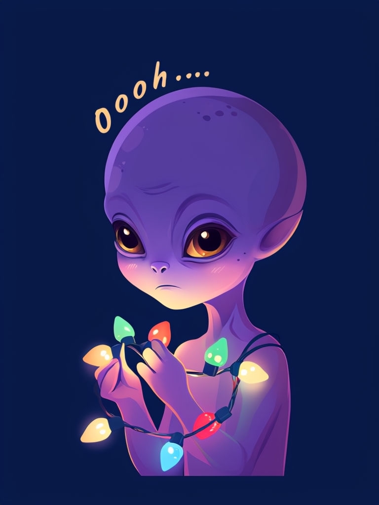 Curious Purple Alien with Christmas Lights T-Shirt