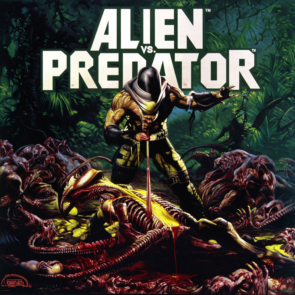 A retro-styled poster for the 1994 Alien vs. Predator game by Matti