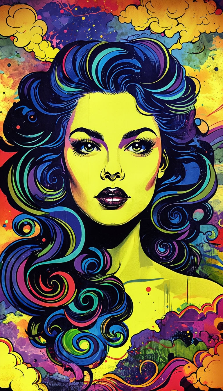 Vibrant Psychedelic Pop Art Portrait of Woman with Surreal Colors Poster