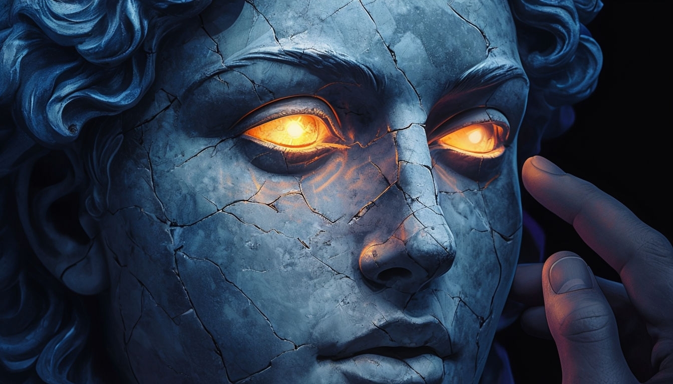 Fragmented Slate Blue Statue Face with Glowing Eye Virtual Background