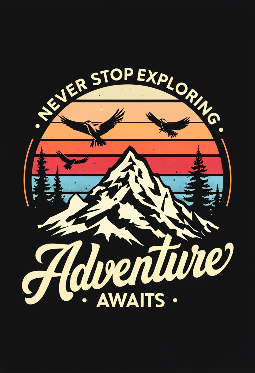 Vintage Retro Adventure Emblem with Mountain and Sunset T-shirt