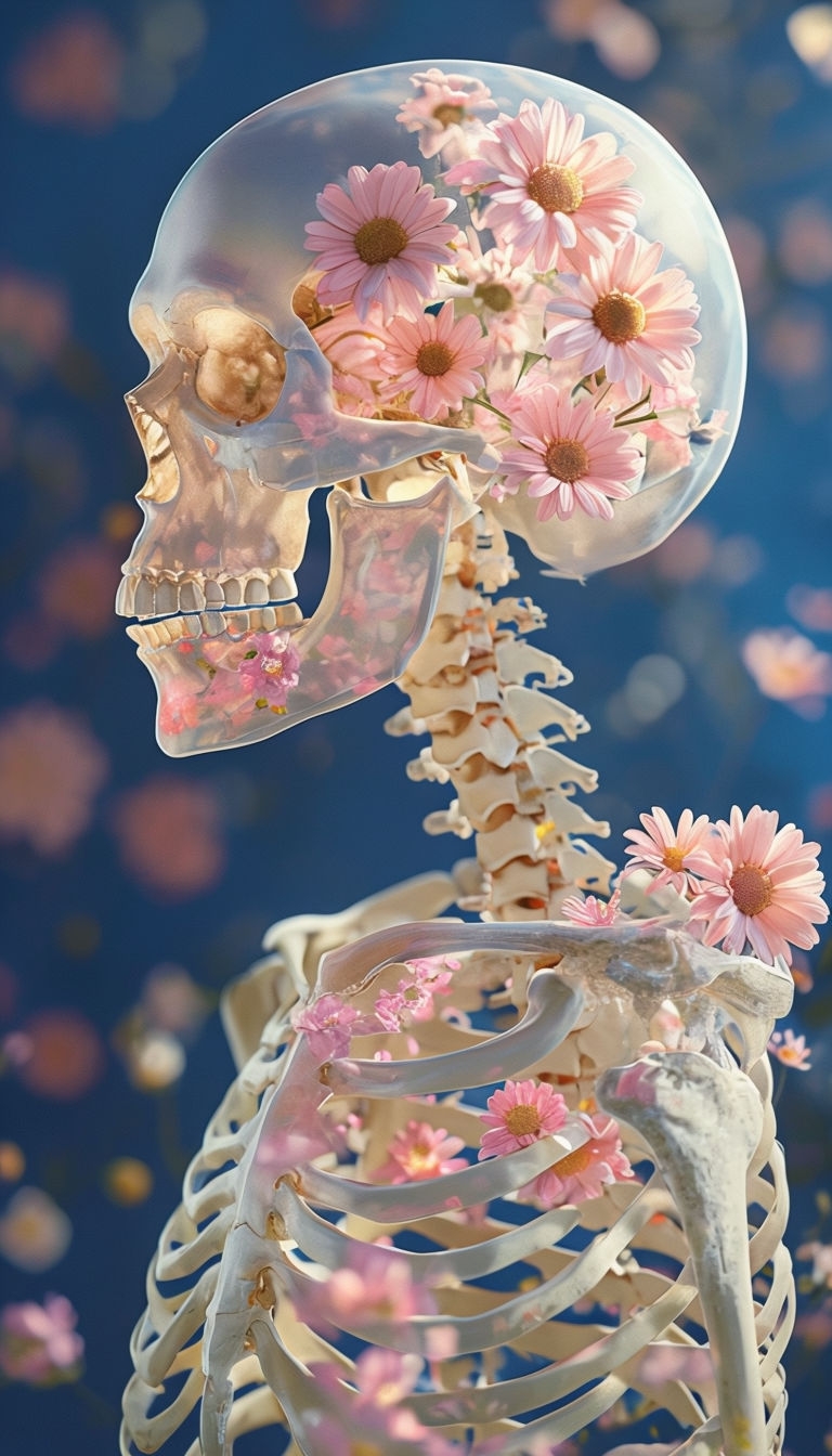 Transparent Skeleton with Pink Daisies Against Deep Blue Background Mobile Wallpaper