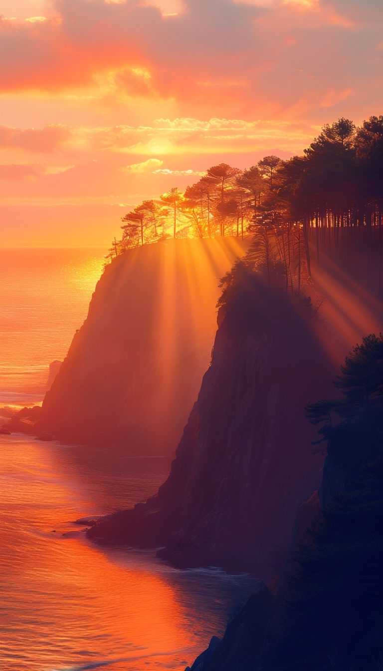 Majestic Coastal Sunset with Silhouetted Cliffs Mobile Wallpaper