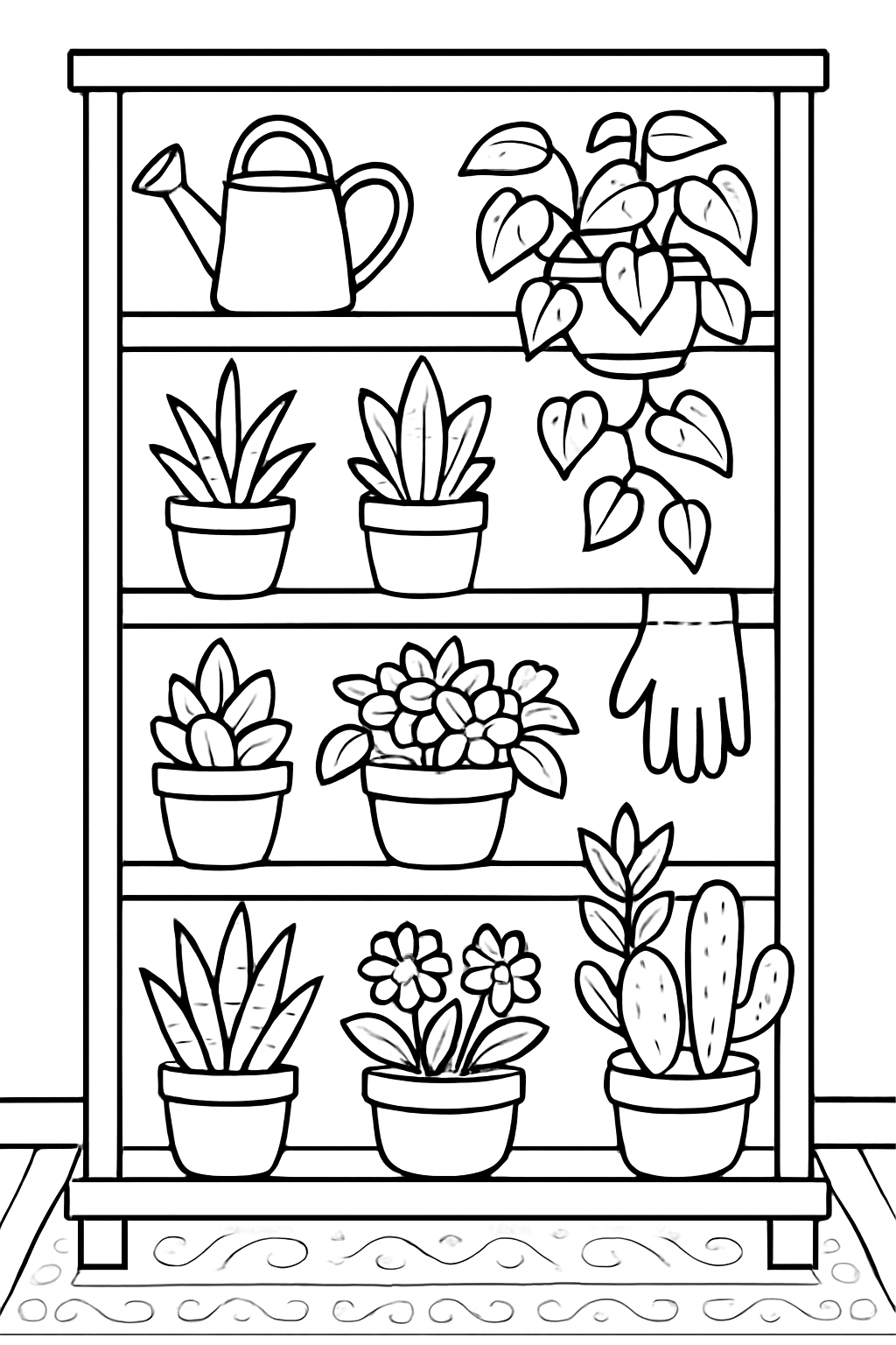 Black and White Plant Shelf Line Drawing for Coloring Book Pages