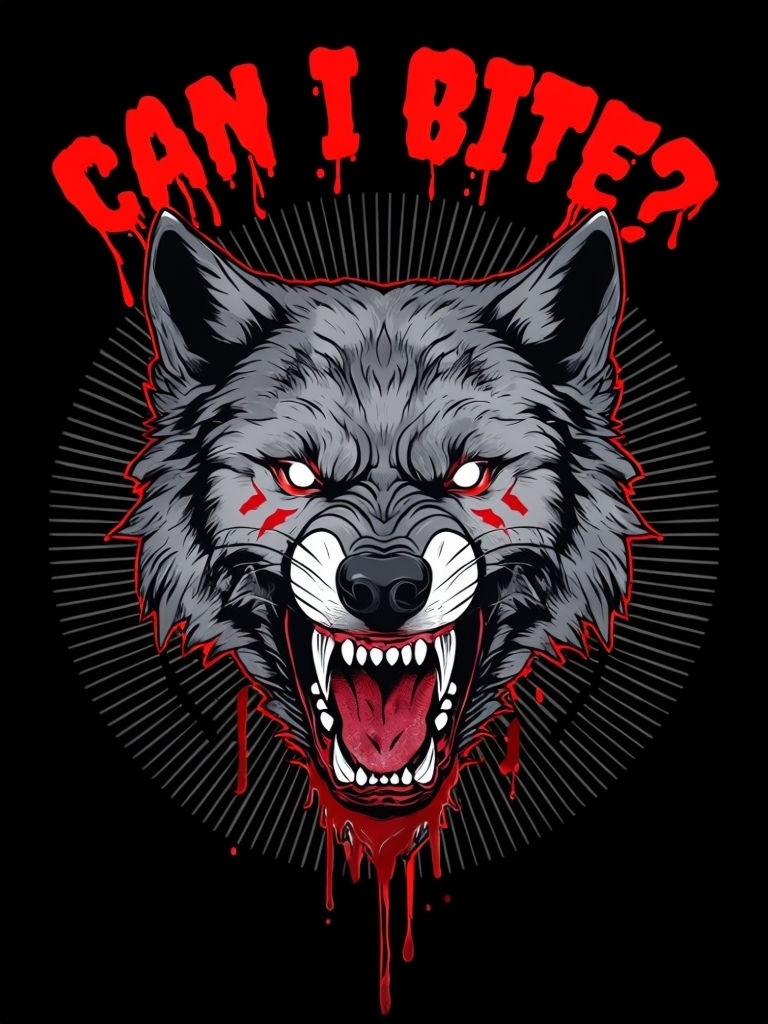 Fierce Wolf Head Illustration with 'Can I Bite?' Text T-Shirt