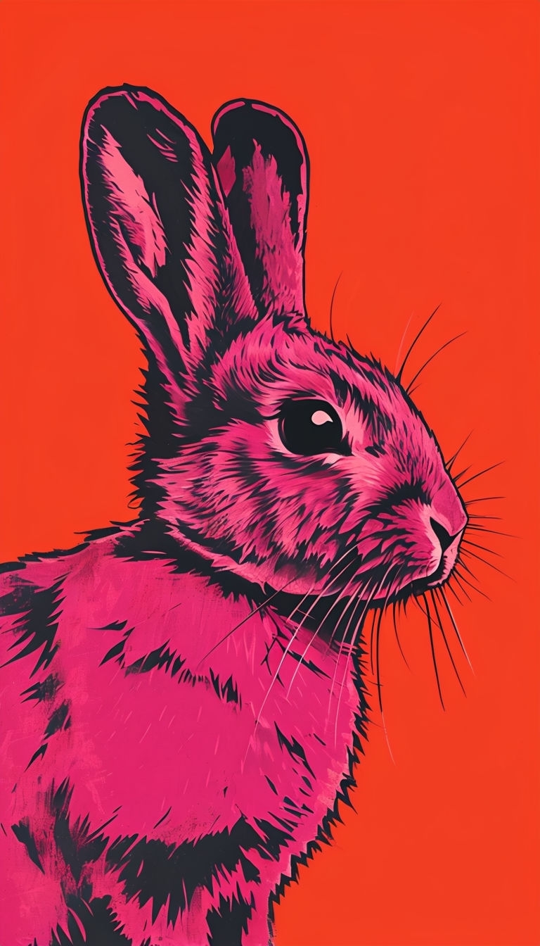 Vibrant Magenta Rabbit Illustration on Red-Orange Background Mobile Wallpaper