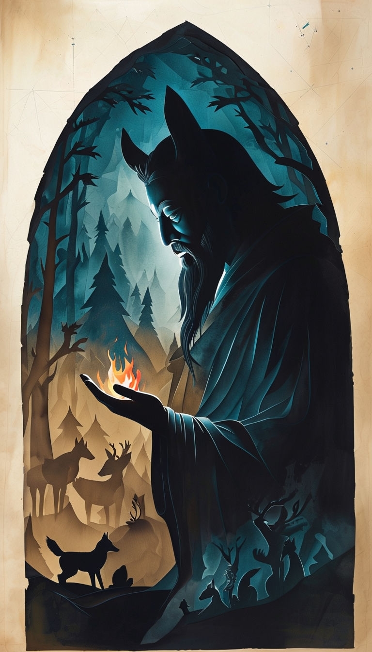 Ancient Storyteller Shadow Puppet Art with Mystical Forest Creatures