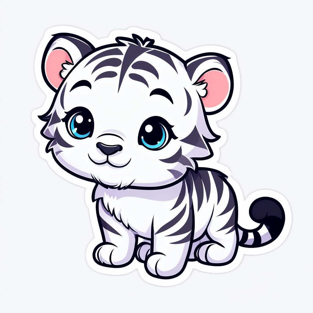 Adorable Cartoon White Tiger Cub Illustration Sticker