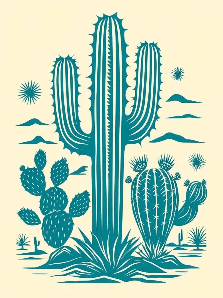 Bold Woodcut Cacti Illustration Against Cream Background Art