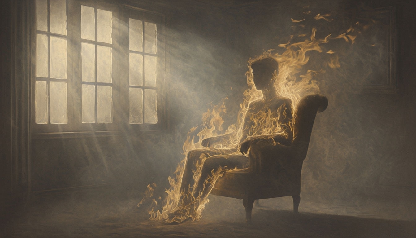 Surreal Flames Engulfing Figure in Dimly Lit Room Background