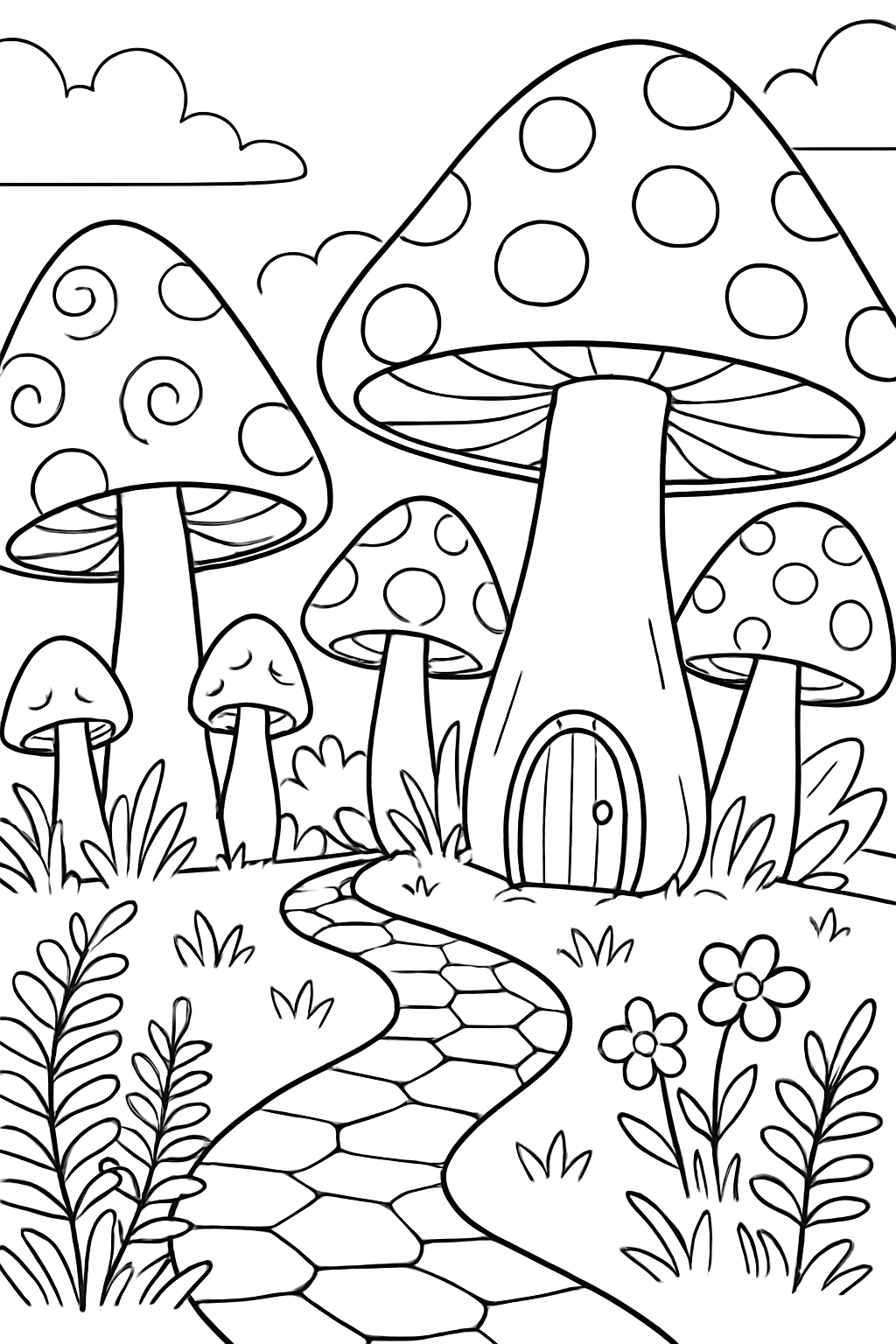 Whimsical Black and White Mushroom Fantasy Landscape Coloring Page