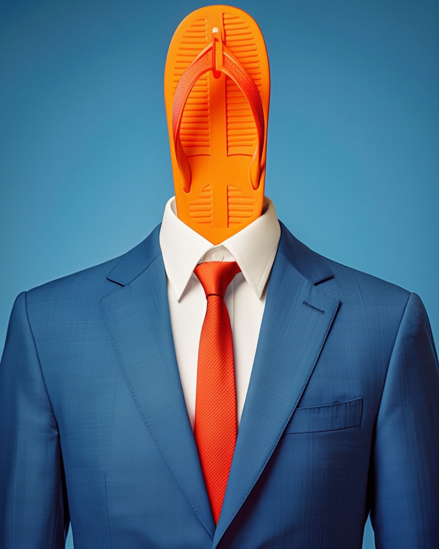 Mannequin in Blue Suit with Orange Flip-Flop Head Art