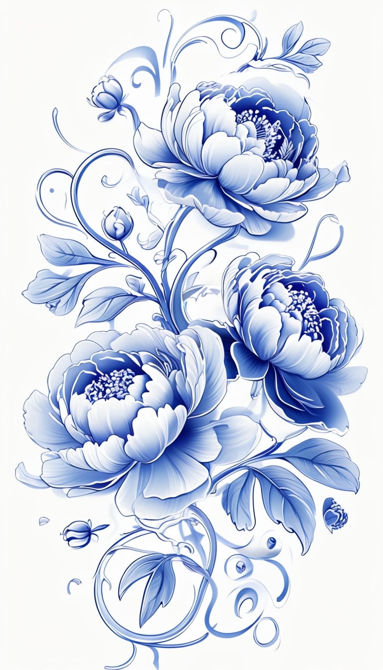 Elegant Blue Peony Blossoms and Vines Vector Illustration Mobile Wallpaper