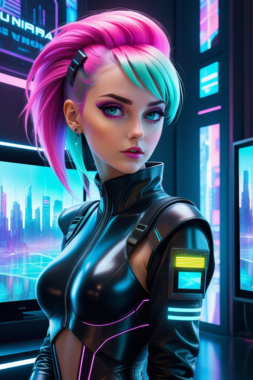 Cyberpunk Girl With Neon Hair And Futuristic Clothing By Golden Flesh 