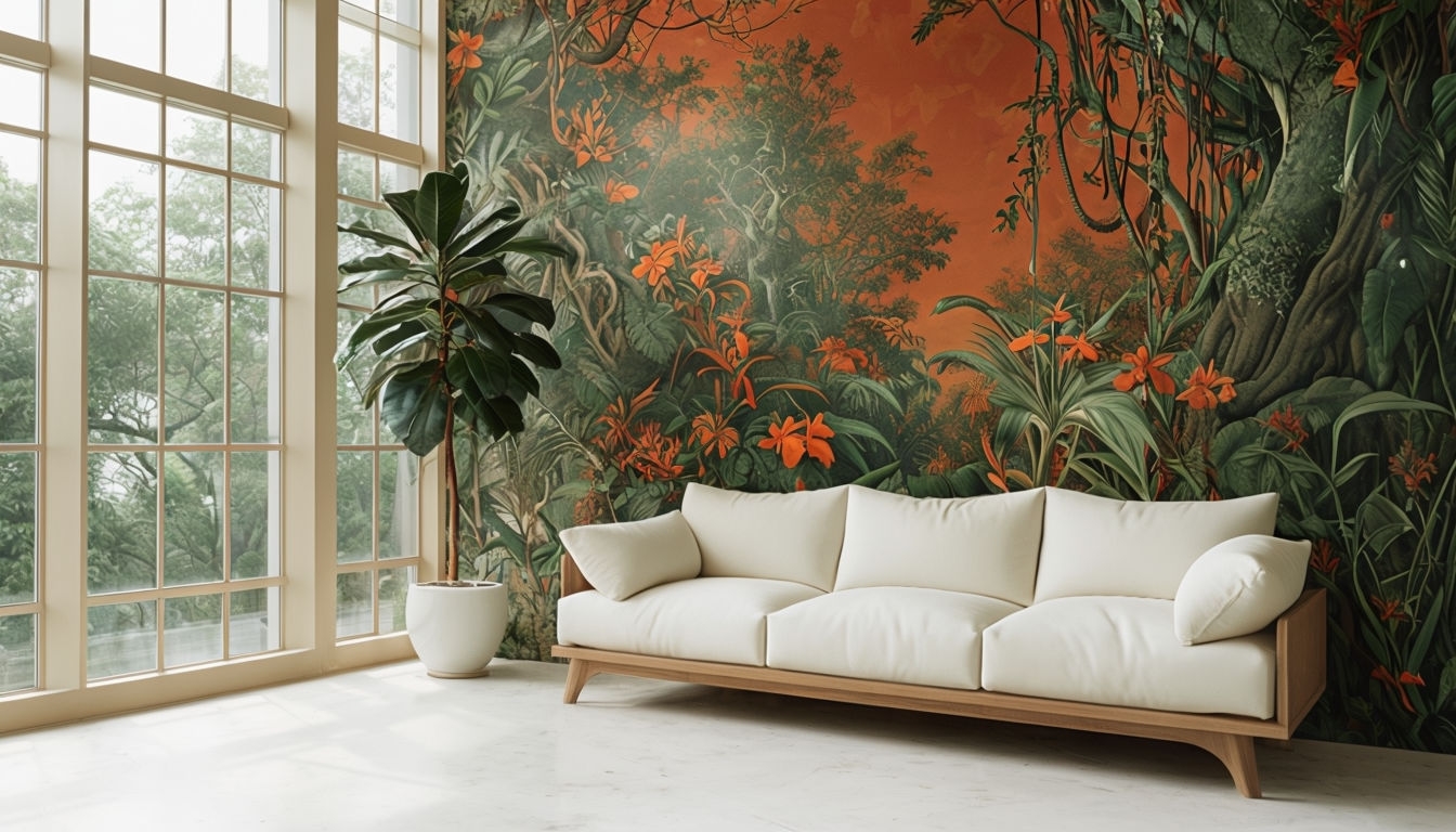 Serene Indoor Space with Tropical Mural Art Poster