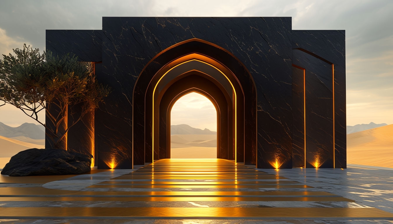 Elegant 3D Black Stone Archways with Warm Light Virtual Backgrounds