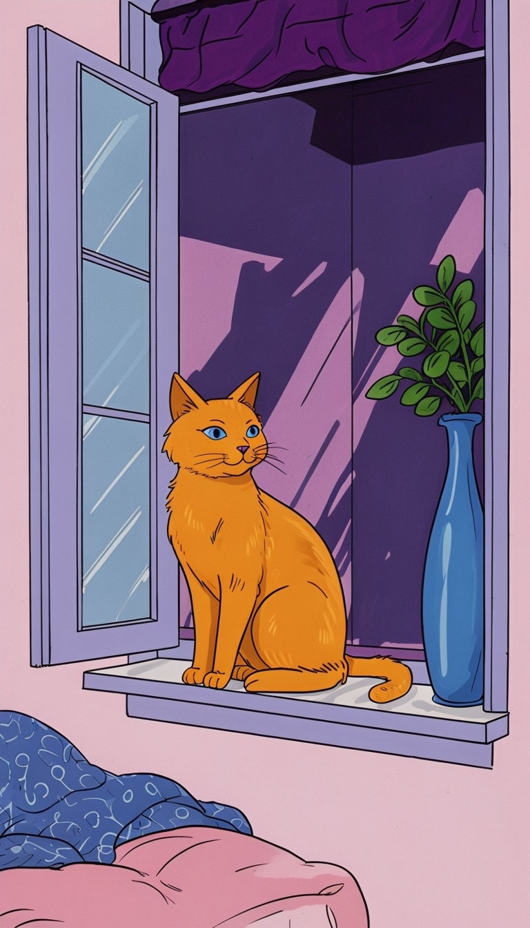 Serene Cartoon Window Scene with Orange Cat and Lavender Frame Mobile Wallpaper