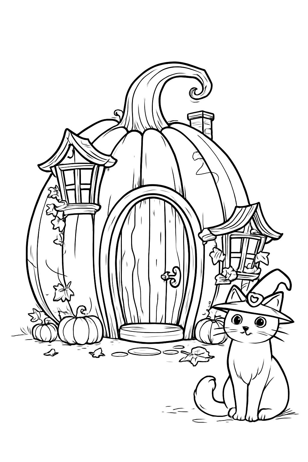 Whimsical Pumpkin House and Cat Halloween Illustration Coloring Book Pages
