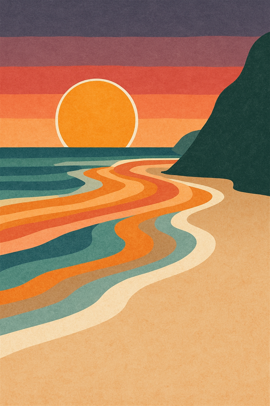 Stylized Retro Beach Sunset Abstract Illustration Art