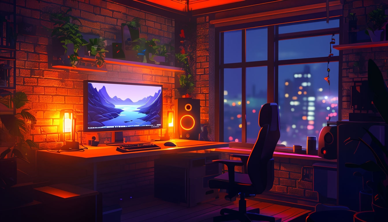 Cozy Gamer's Room with Warm Lighting and Urban View Virtual Backgrounds