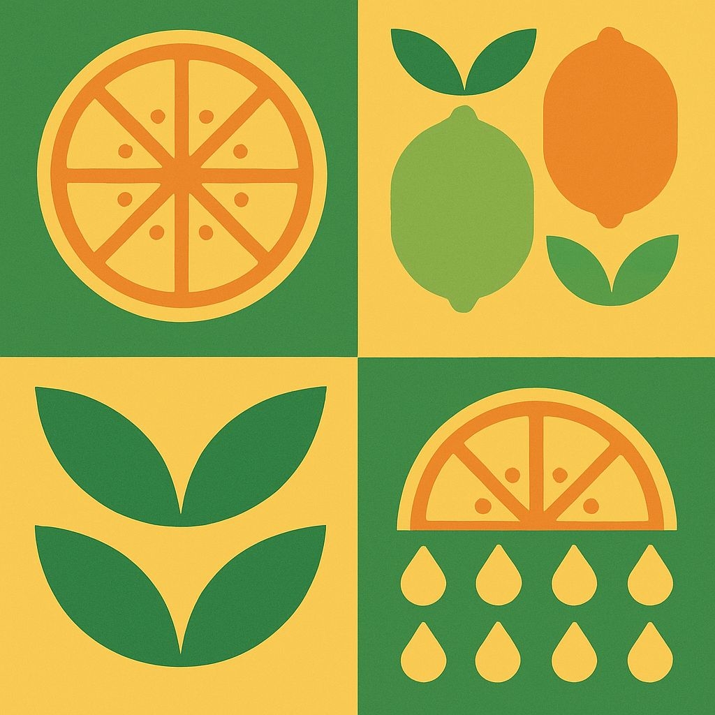 Vibrant Mid-Century Modern Fruit and Leaf Motifs Pattern Seamless Patterns