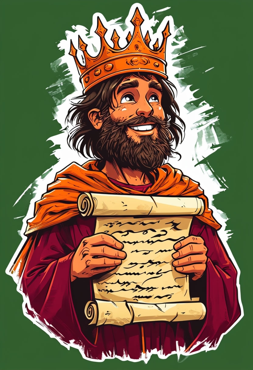 Cheerful Cartoon King Character with Scroll Illustration Art