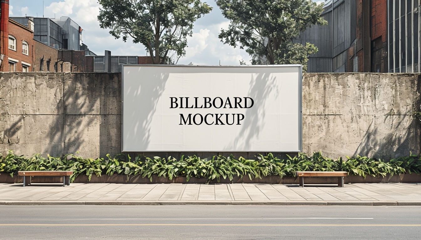 Urban Billboard Mockup with Greenery and Benches Mockup