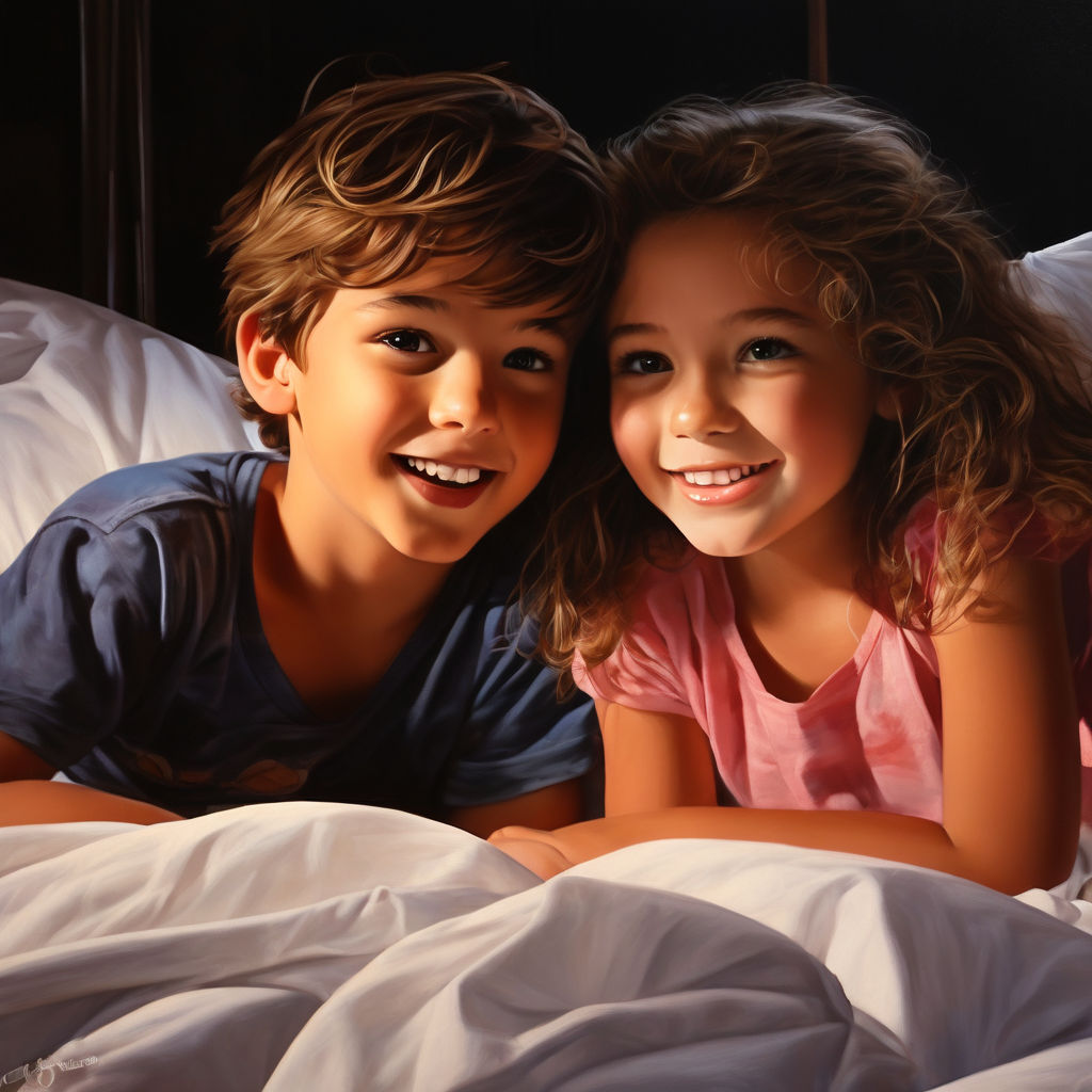 Shirtless Boy with girl in bed blushing Girls hand under the... by