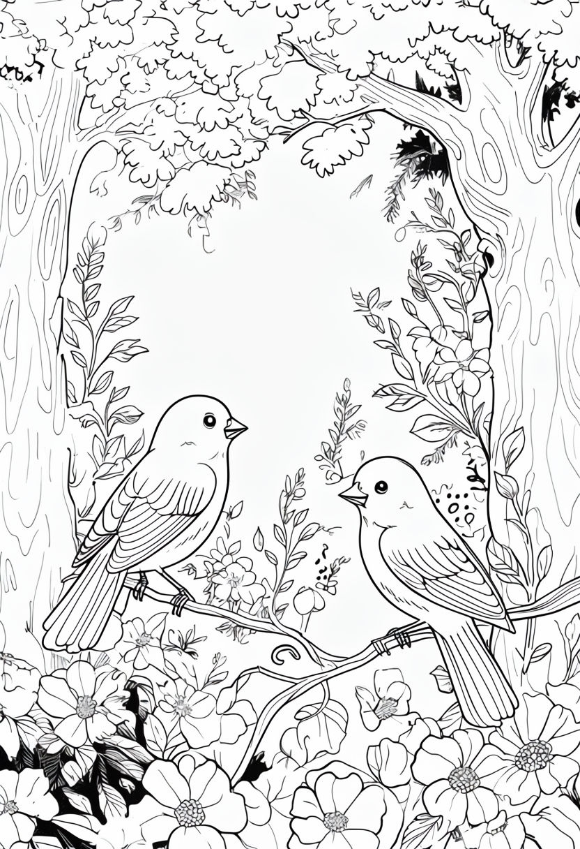 Whimsical Black and White Birds in Foliage Line Drawing Coloring Book Pages