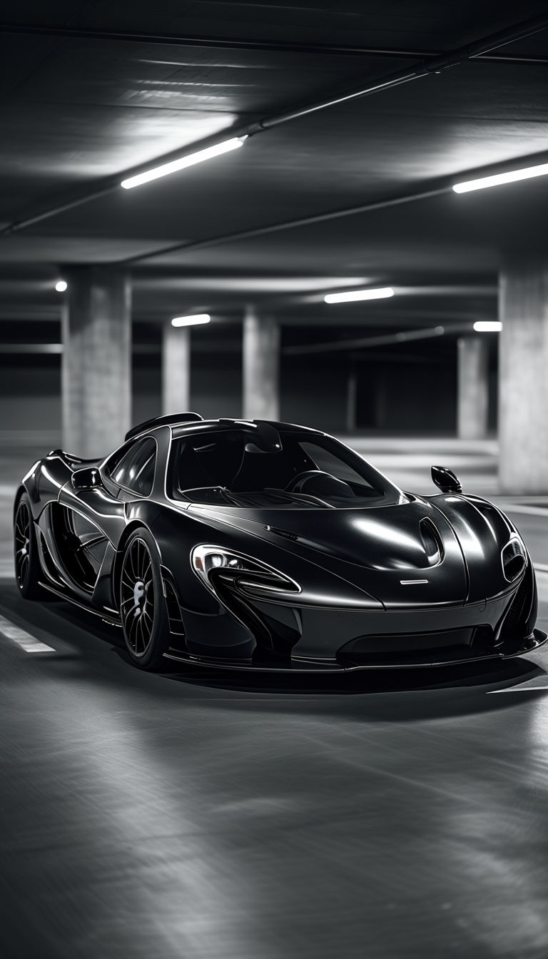Sleek Black McLaren P1 Hypercar in Dimly Lit Garage Mobile Wallpaper