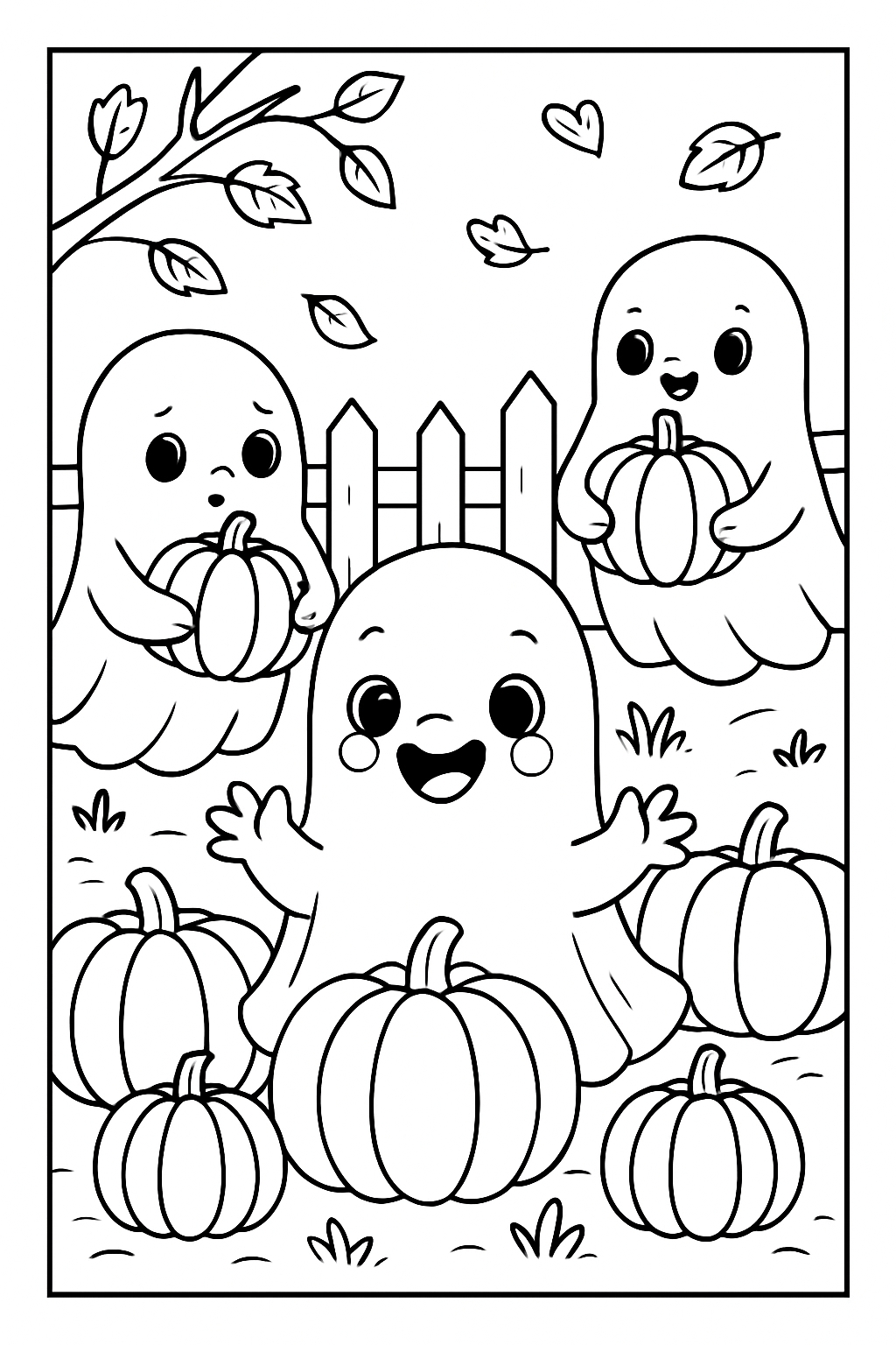 Cute Cartoon Ghosts in a Pumpkin Patch Halloween Coloring Book Pages