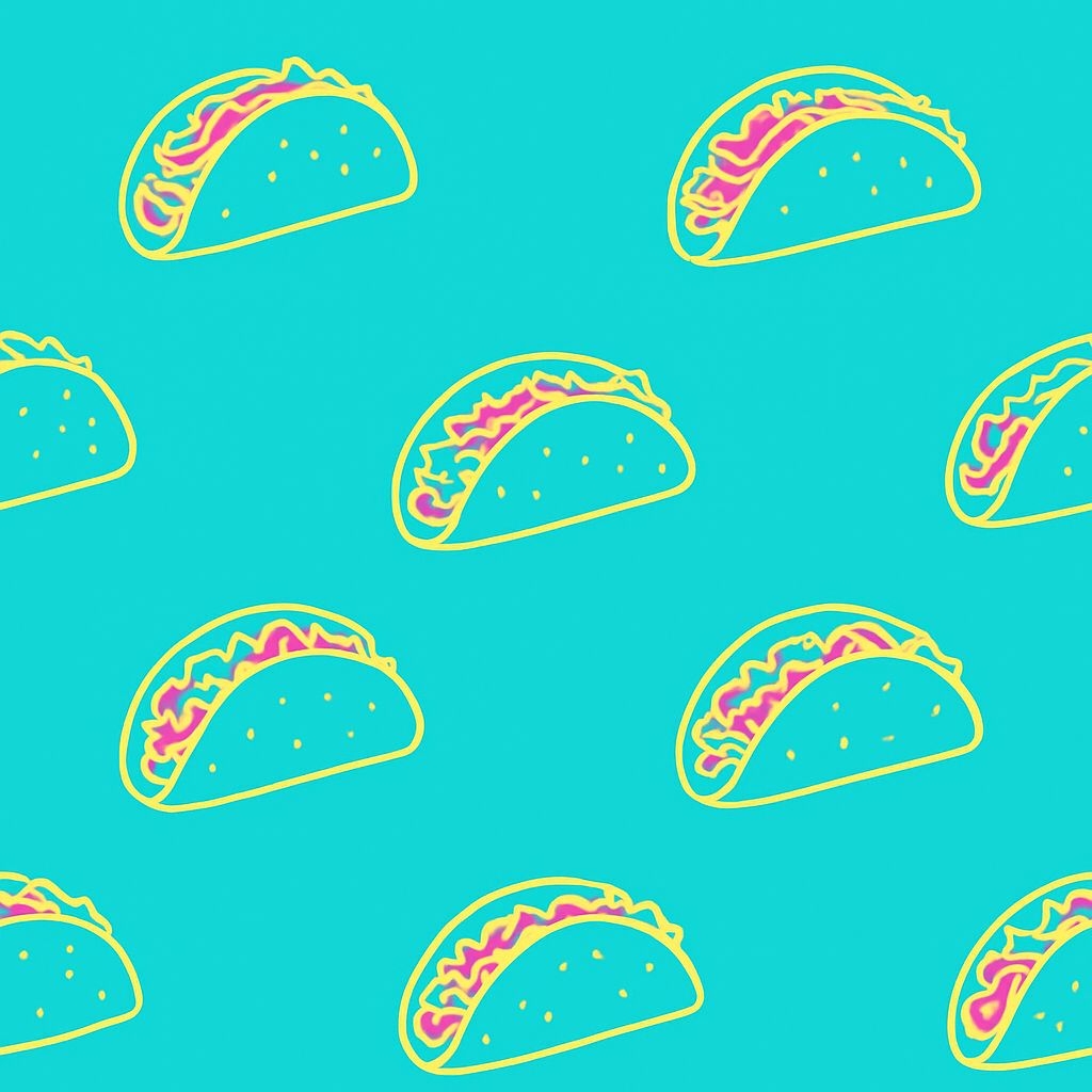 Vibrant Neon Taco Pattern on Aqua Blue Background Seamless Pattern