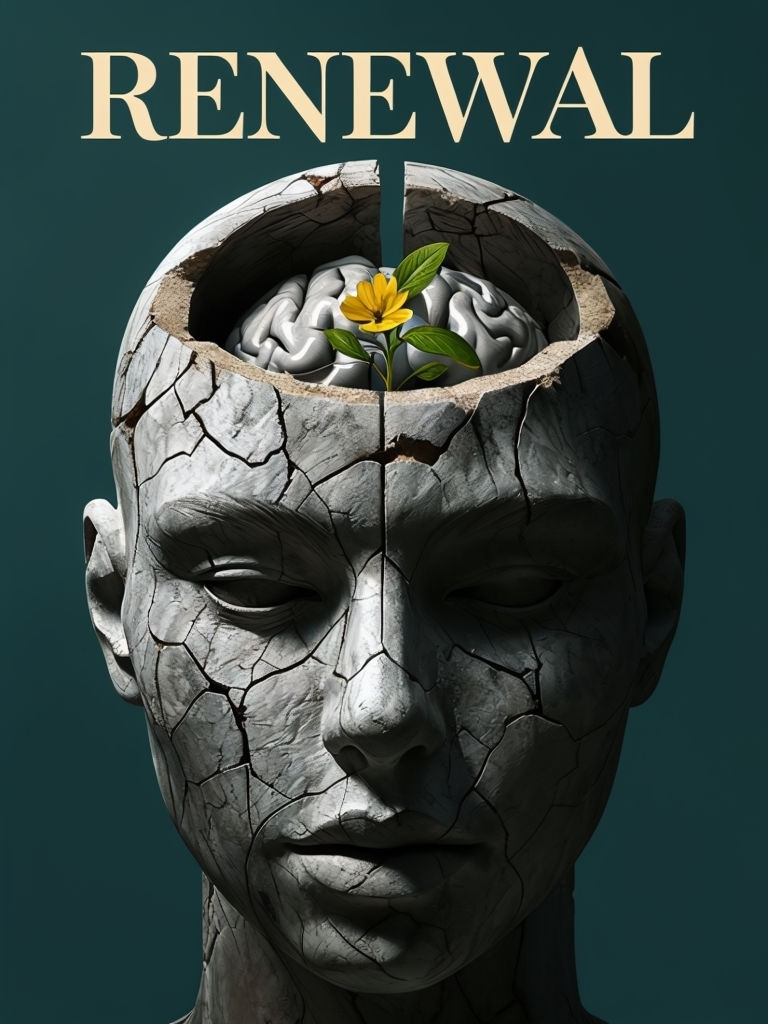 Surreal Stone Head with Flower and Renewal Text Poster