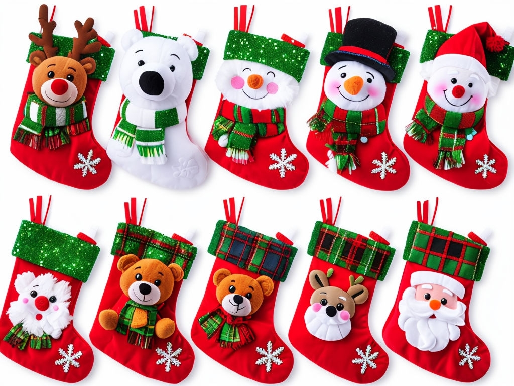 Festive Red Christmas Stockings with Plush Characters Display Card