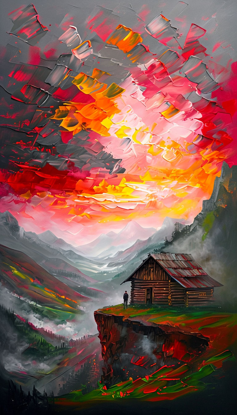 Dramatic Sunrise Landscape Oil Painting with Cabin and Mountains Art