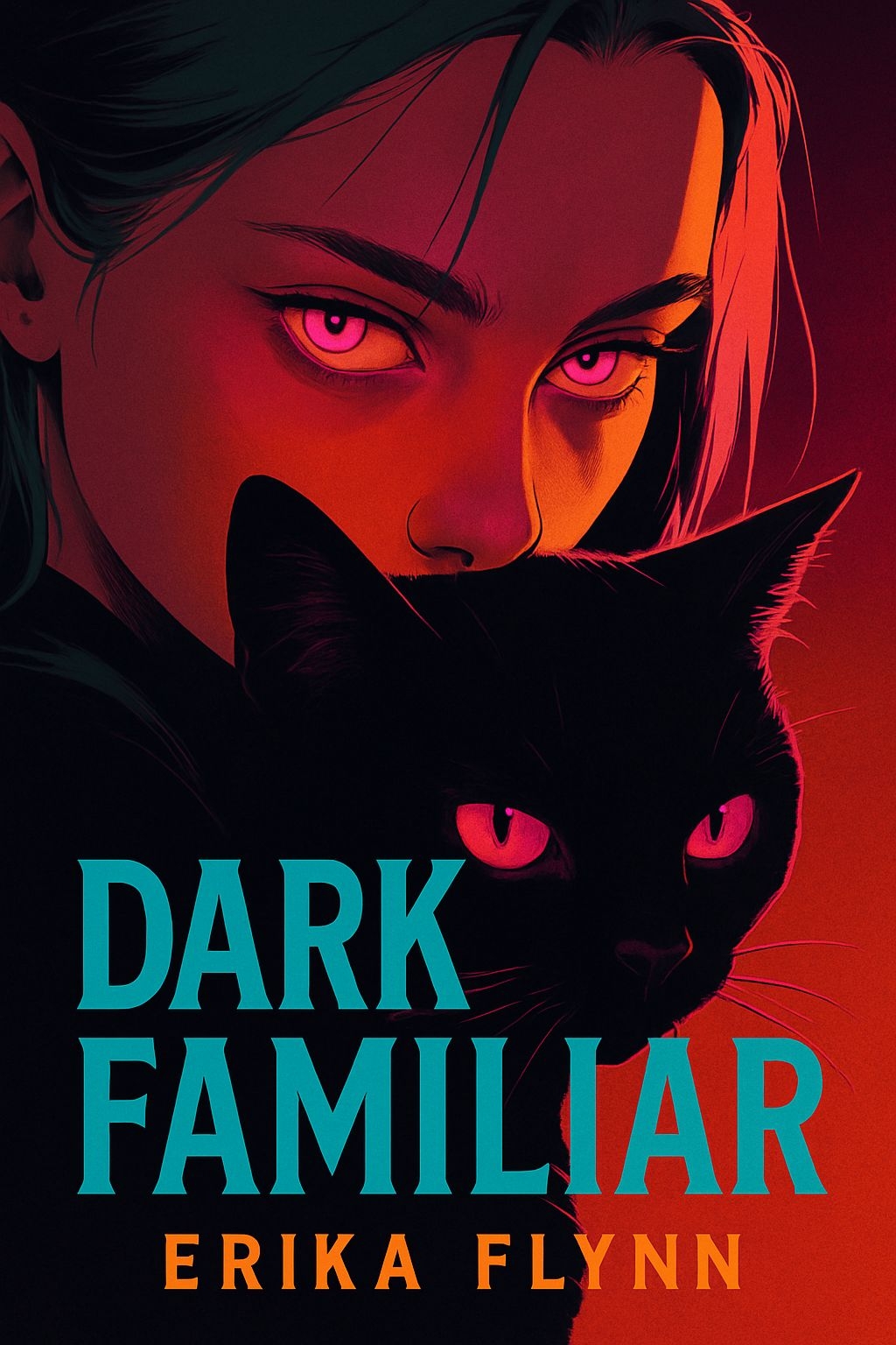 Striking Dark Familiar EBook Cover with Neon Pink Eyes and Cat