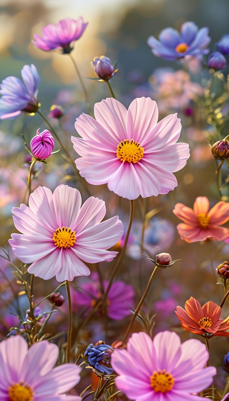 Vibrant Cosmos Flowers in Hyper-Realistic Detail Mobile Wallpaper