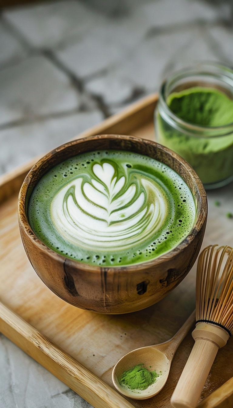 Elegant Matcha Latte with Rustic Bowl Photography Mobile Wallpaper