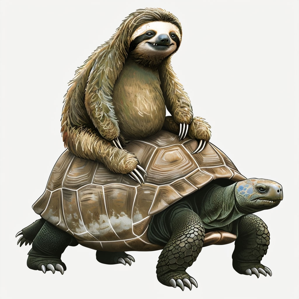 Whimsical Sloth Riding Galápagos Tortoise Cartoon Art