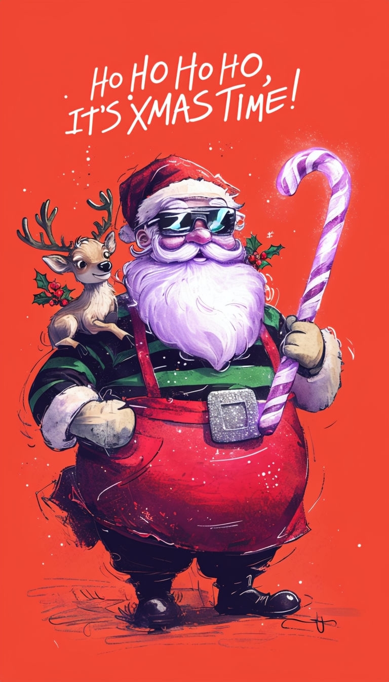 Playful Santa Claus with Candy Cane and Reindeer Sticker