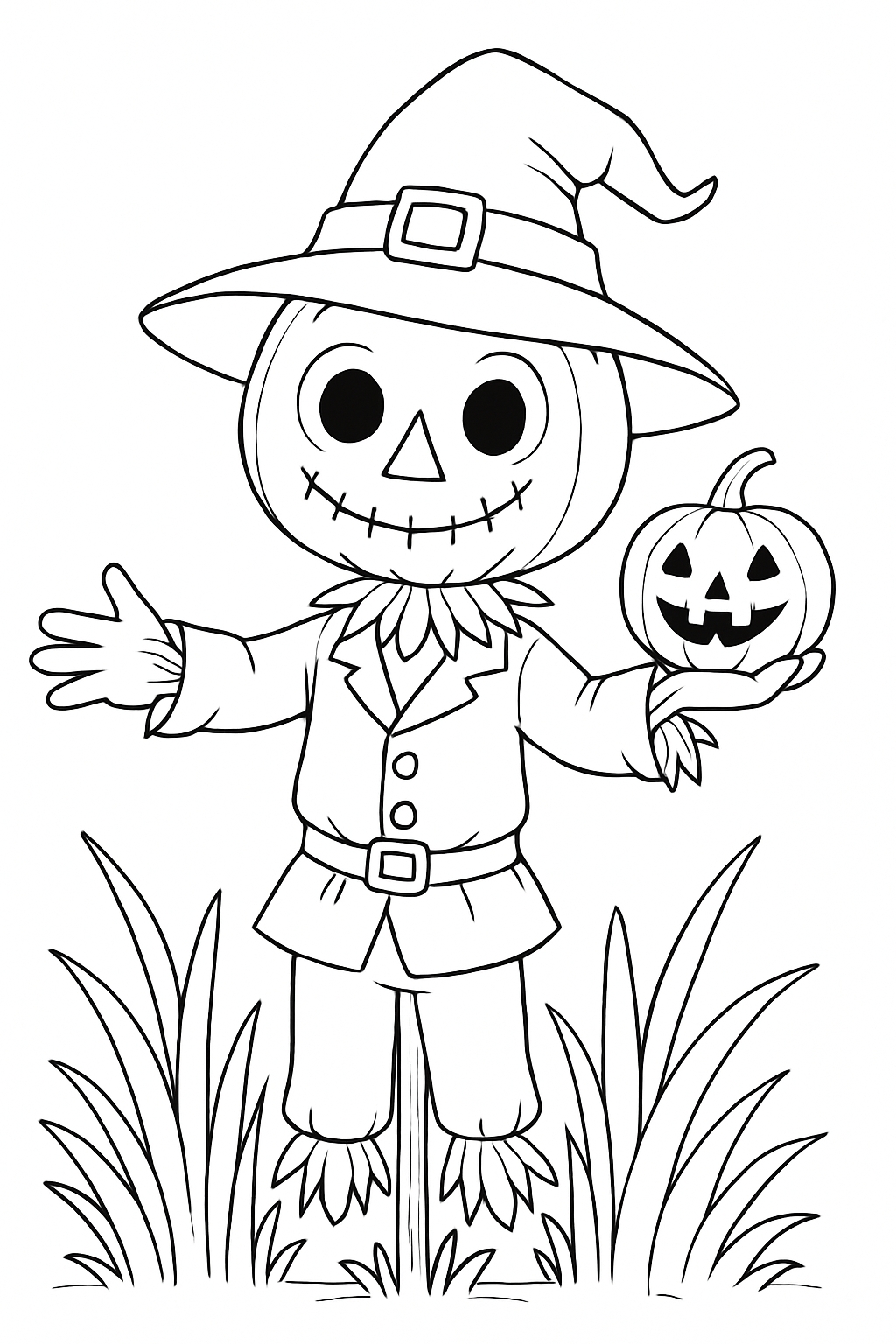 Playful Cartoon Scarecrow with Pumpkin for Halloween Coloring Book Pages