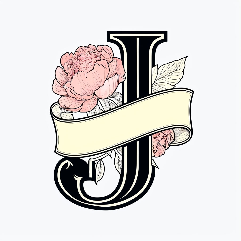 Ornate Letter J Monogram with Peony and Elegant Banner Design Monogram