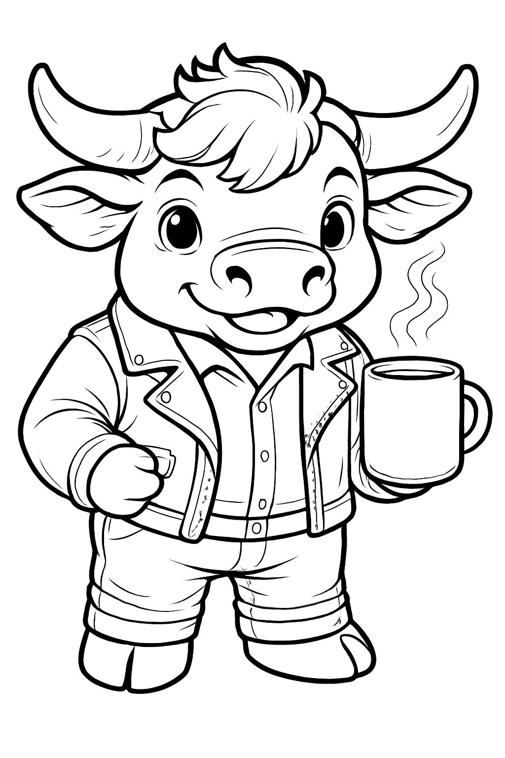 Confident Cartoon Bull Character Holding Mug Line Art Coloring Book Pages
