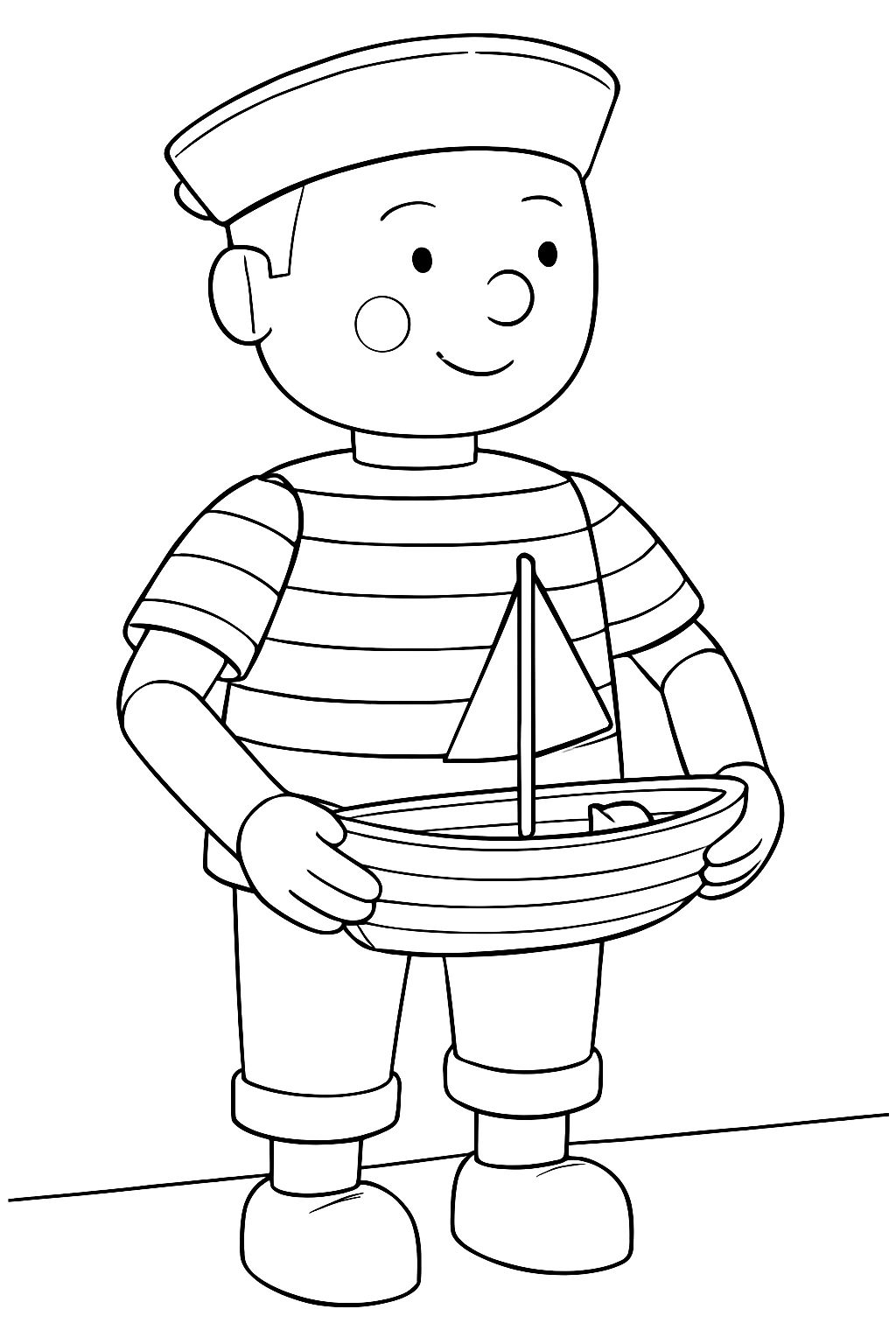 Friendly Cartoon Sailor Character with Toy Boat Coloring Page