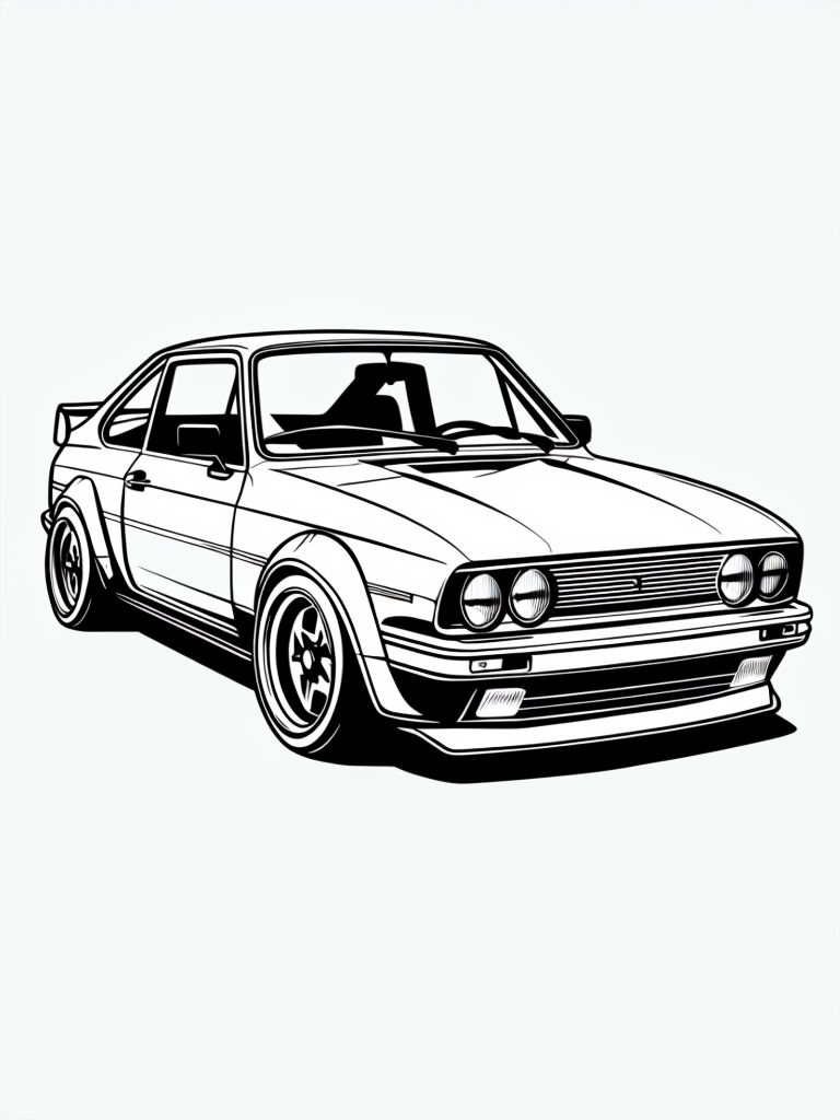 Classic Compact Car Black and White Line Drawing for Coloring Book Pages