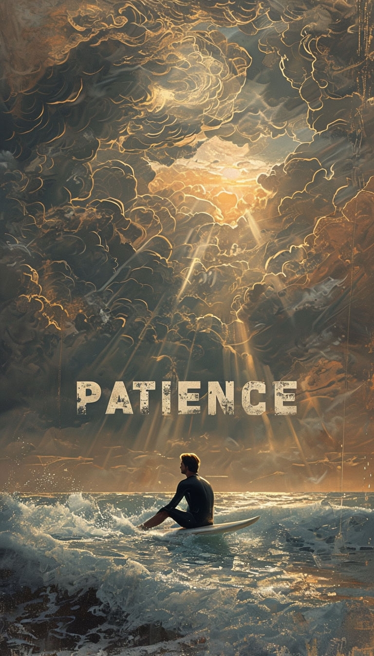 Dramatic Surfer in Ocean at Sunrise with 'Patience' Title Art