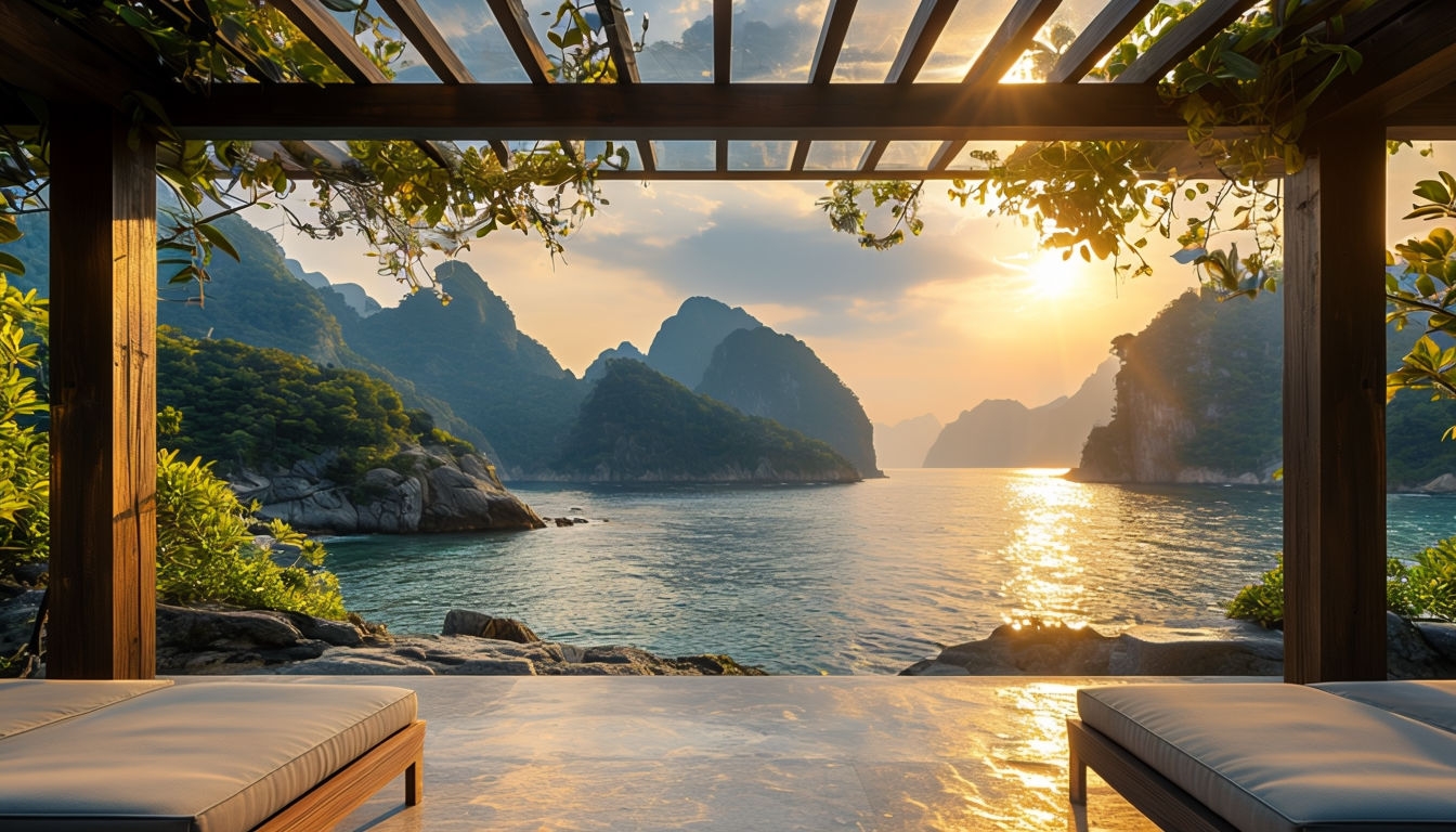 Tranquil Seascape Under Wooden Pergola Photograph