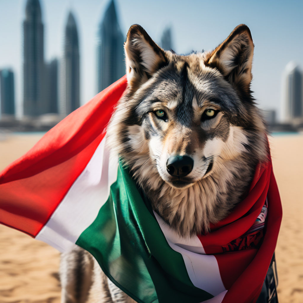 An Emirates Wolf in Dubai wearing UAE flag with all its colo... by ...